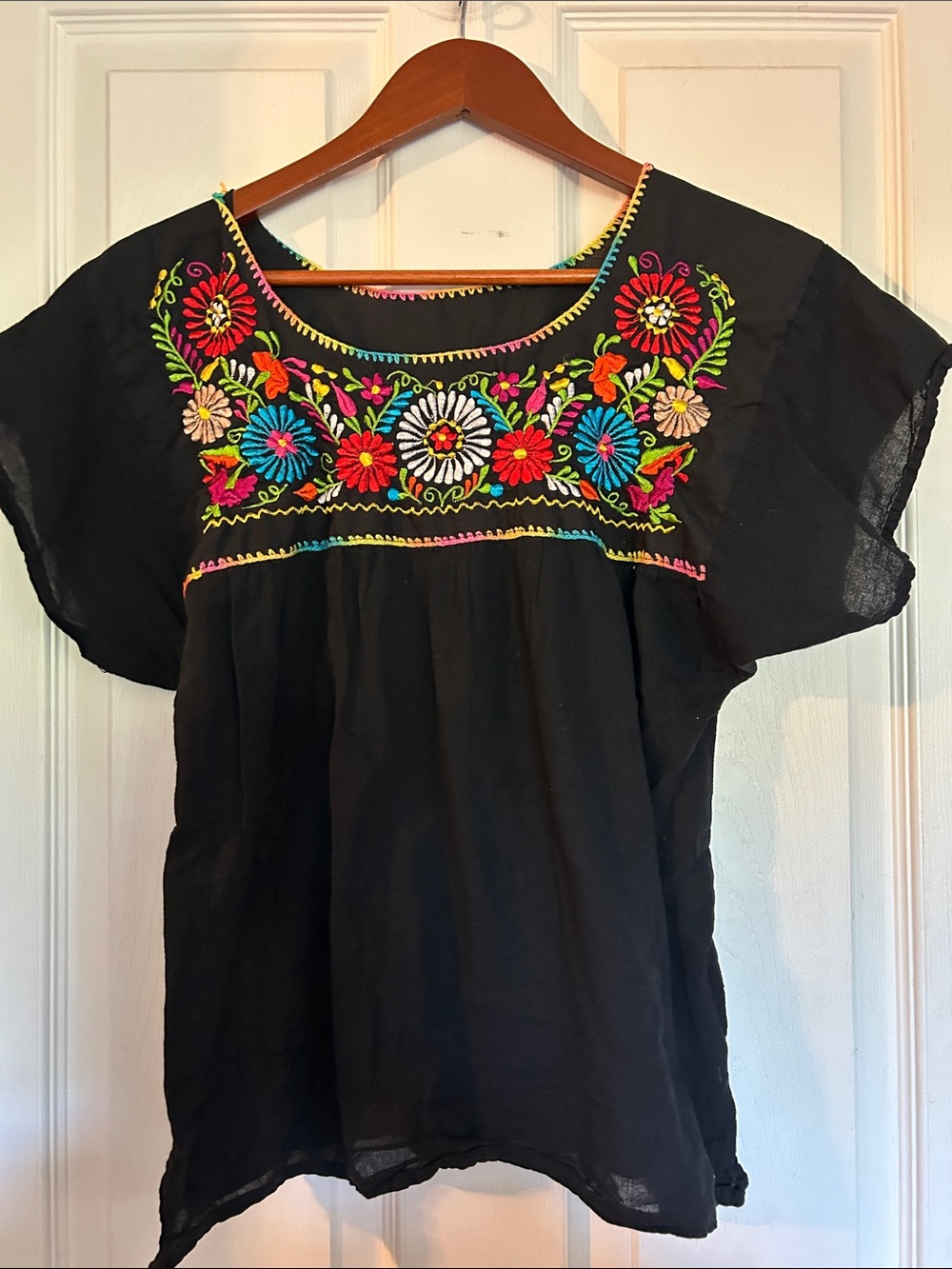 Black Embroidered Mexican Floral Women's Top